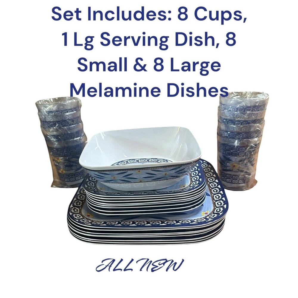 Temptations Melamine Old World Blue  Set For 8  Dish Cups Picnic Outdoor
